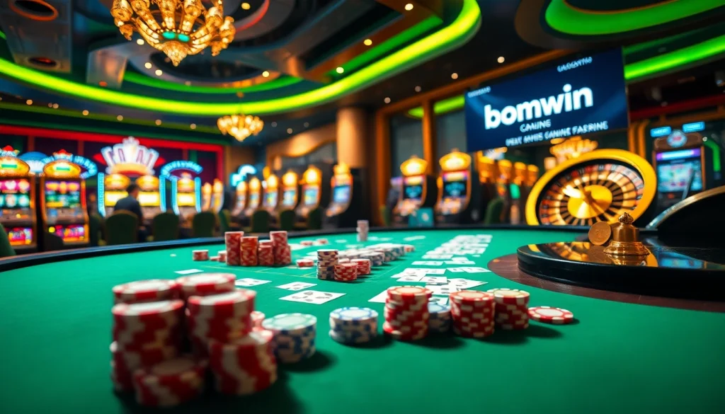 Experience the thrill of bomwin at a luxurious casino gaming table with vibrant colors and engaging games.
