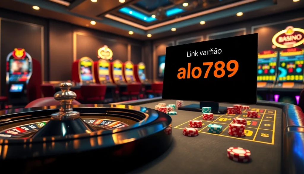 Capture the excitement of gambling action at a casino table with Link vào alo789 prominently featured in the digital interface.
