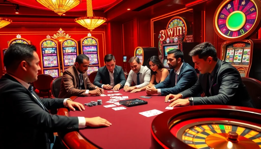 A thrilling poker game at 33WIN casino featuring players, cards, and poker chips, embodying excitement and strategy.