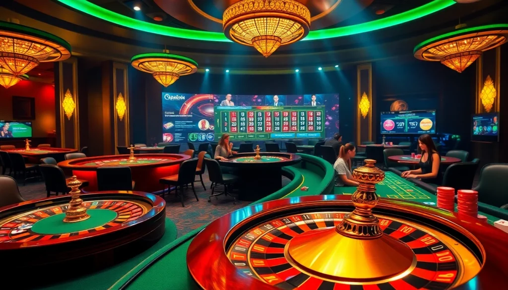 Situs apiraja88 gaming scene featuring vibrant casino tables, poker chips, and excitement.
