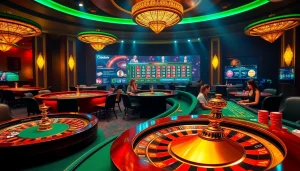 Situs apiraja88 gaming scene featuring vibrant casino tables, poker chips, and excitement.