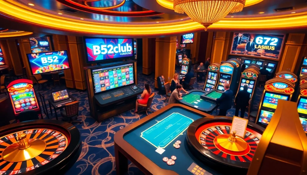 B52club players engaging in exciting casino games with vibrant roulette wheel and poker table.