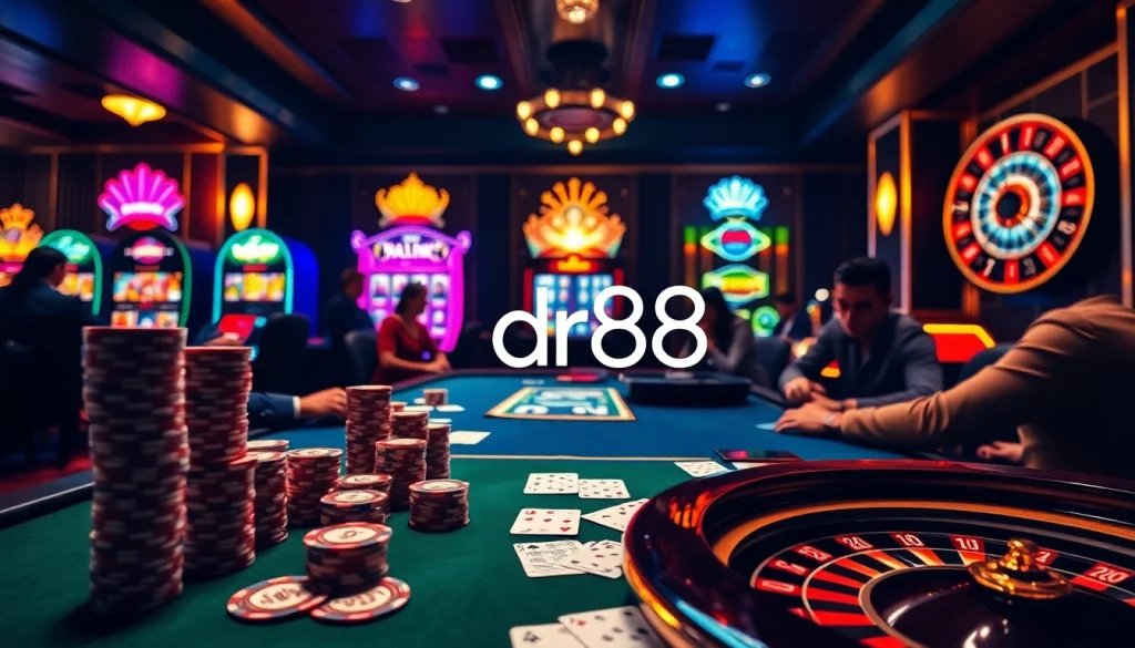 Players at dr88 casino engaged in a thrilling poker game with colorful chips and cards.