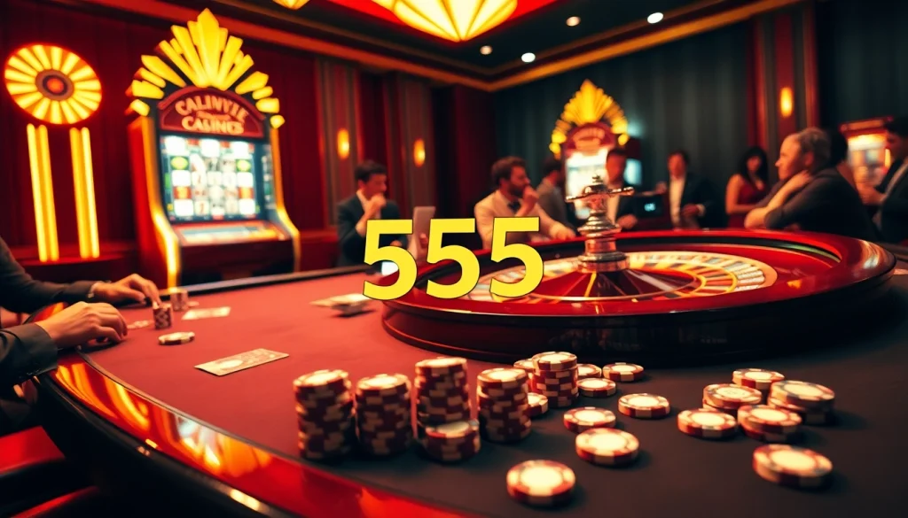 Experience the thrill of winning at 555 win casino with vibrant poker chips and roulette table action.