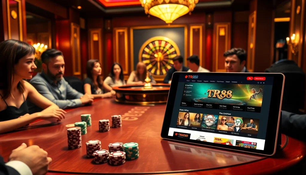 Engaged players enjoying a game at Trang Chủ TR88, showcasing poker chips and a roulette wheel.