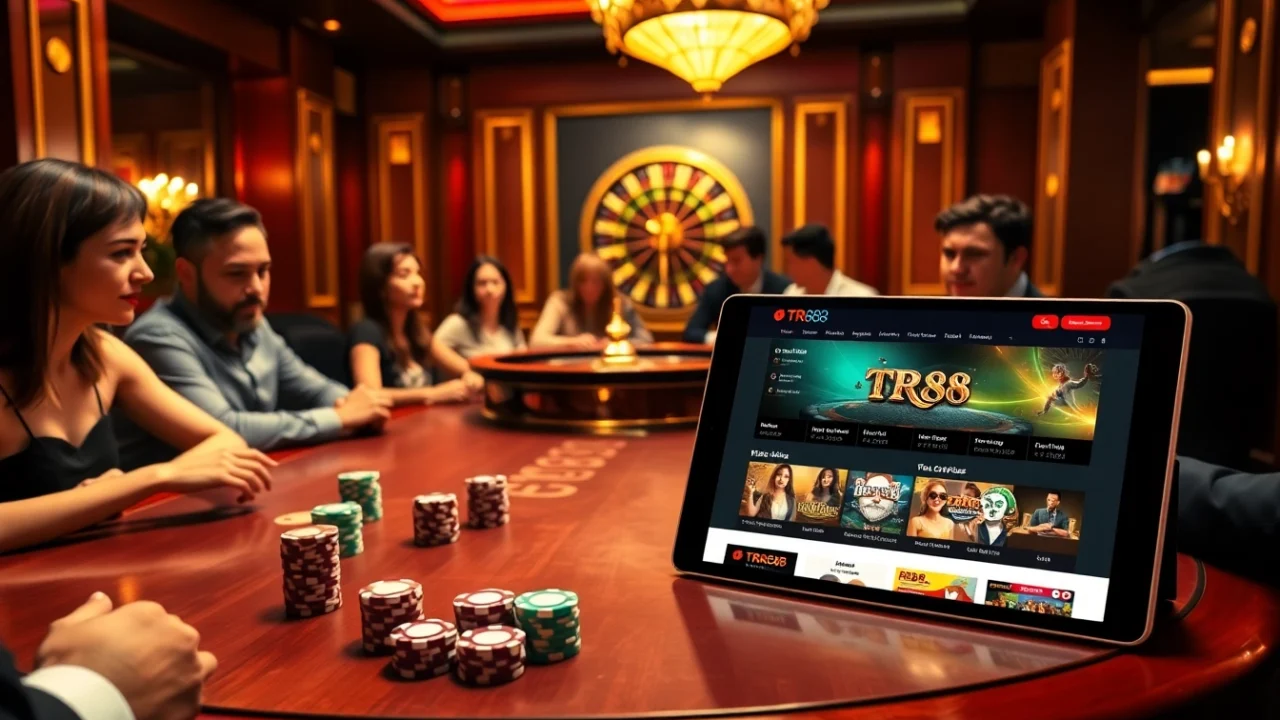 Engaged players enjoying a game at Trang Chủ TR88, showcasing poker chips and a roulette wheel.