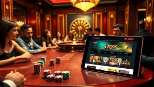 Engaged players enjoying a game at Trang Chủ TR88, showcasing poker chips and a roulette wheel.