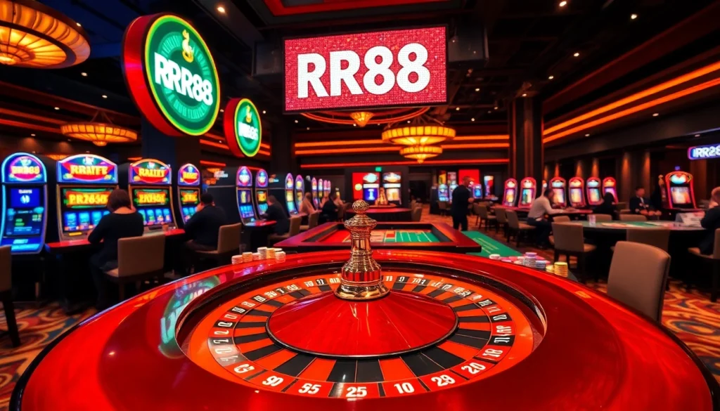 RR88 casino table with roulette wheel and colorful chips creating an exciting gambling atmosphere.