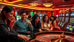 situs apiraja88 players enjoying a vibrant casino scene filled with roulette and poker tables