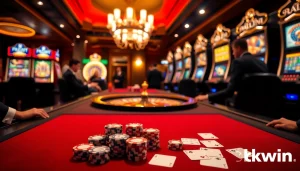 Players enjoying an elegant casino atmosphere at kkwin with poker chips and a roulette wheel.