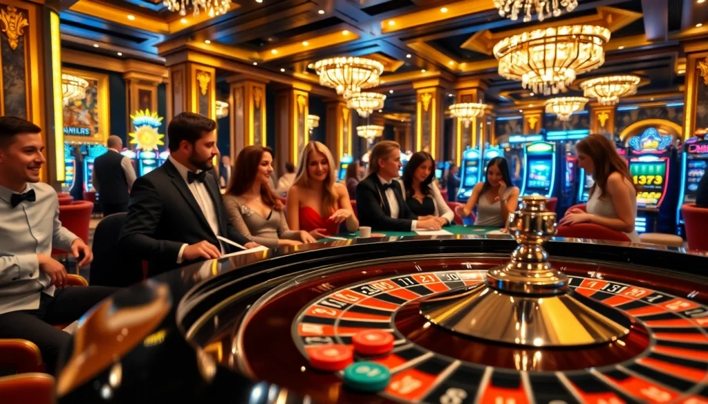 Excited gamblers play roulette and cards in a luxury casino at https://dn882.pro/.