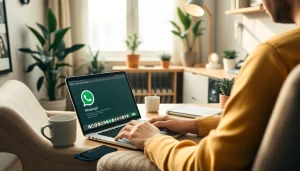 在快连官网使用 WhatsApp Web 实现无缝沟通的互动场景，展示一个温馨的家庭办公环境。