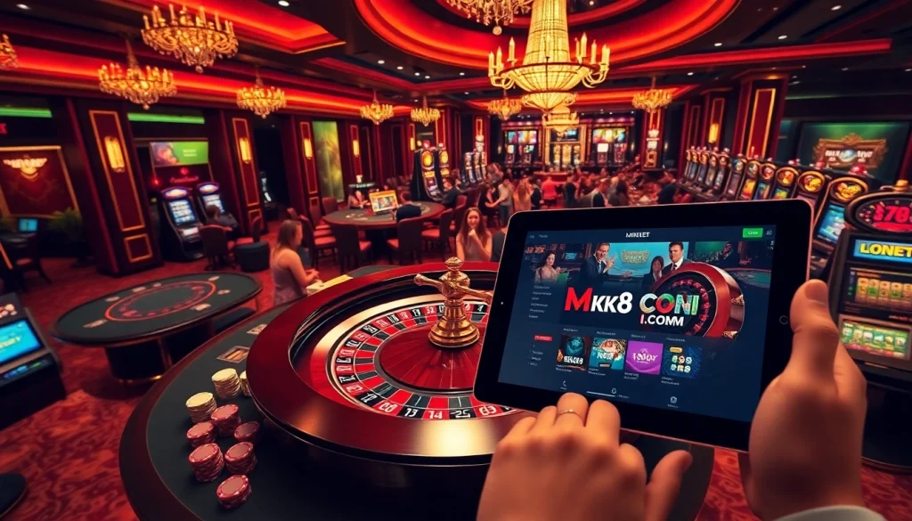 Exciting casino atmosphere at MK8.COM with roulette, poker chips, and high-stakes players.