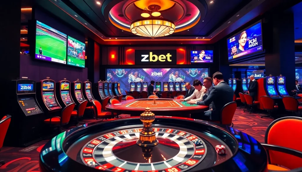 Players enjoy the lively atmosphere at nhà cái zbet with poker tables and vibrant slot machines.