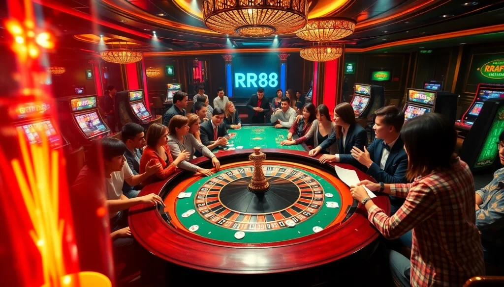 Players enjoying a thrilling game atmosphere at RR88 casino with vibrant tables and slot machines.