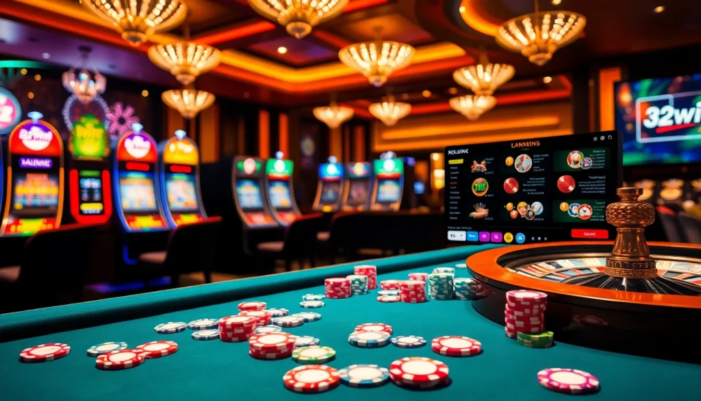 Engaging scene of a luxurious casino with poker chips and 32win digital interface, highlighting betting excitement.