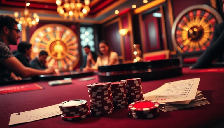 Engaging players in an intense 8s game at a glamorous casino, showcasing poker chips, cards, and a roulette wheel.