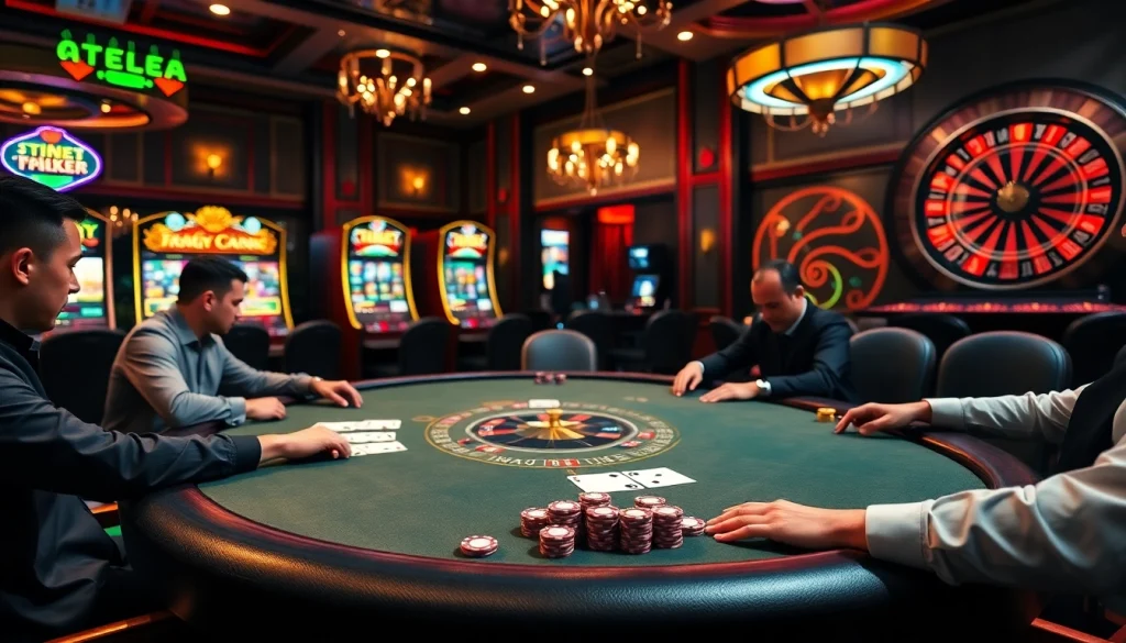Poker players strategizing at a table with colorful chips at https://789f.town/, showcasing an exciting casino atmosphere.