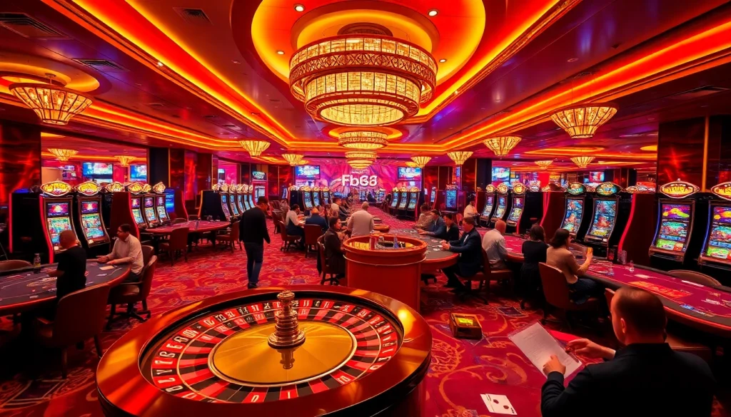Excited players gambling at the luxurious Fb68 casino with roulette and poker tables.