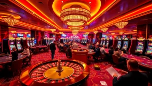 Excited players gambling at the luxurious Fb68 casino with roulette and poker tables.