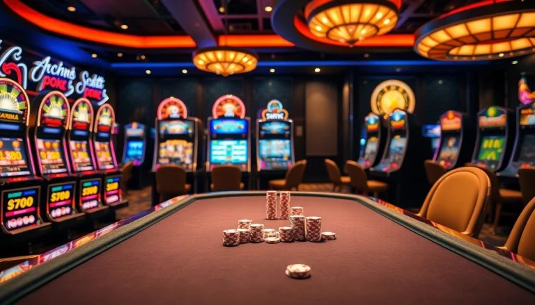 S8 casino gaming table with elegant games and vibrant slot machines, evoking excitement.