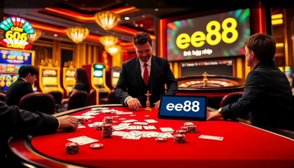 Experience the thrill of gambling with ee88 link đăng nhập at a luxurious casino table filled with poker chips.