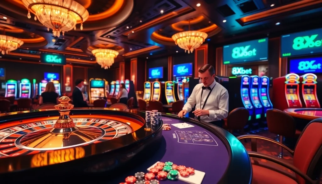 Exciting casino scene with 8Xbet branding on chips and betting slips.