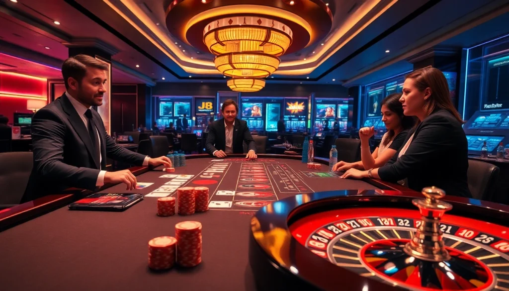 Experience the thrill of gaming at J8's glamorous casino with professional dealers and vibrant betting options.