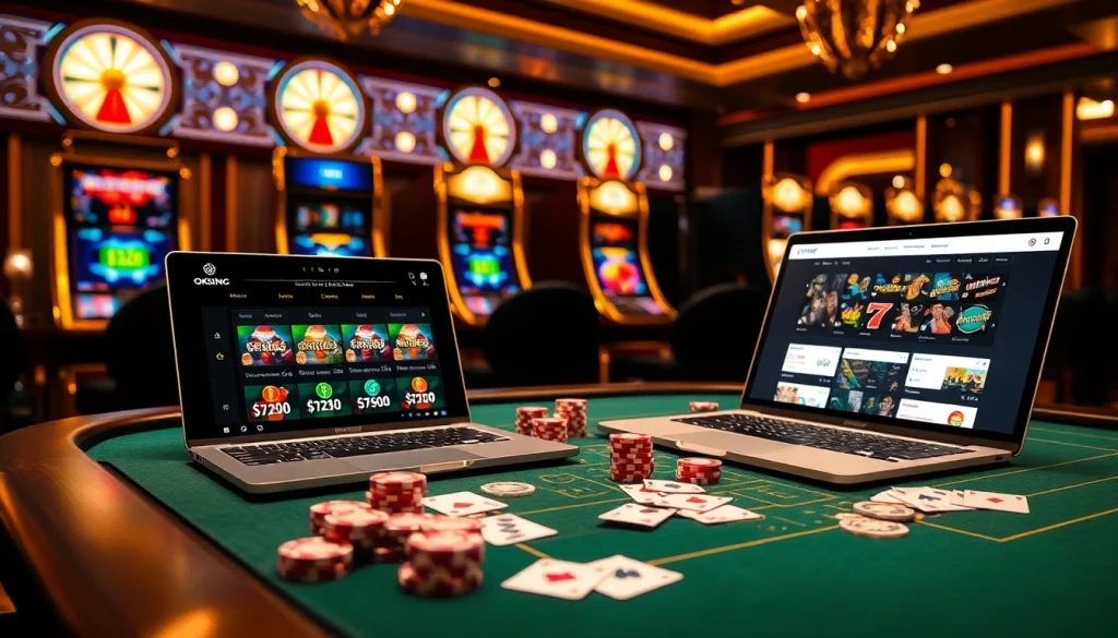 Truy cập OKKING while playing cards at a luxurious casino table filled with chips.