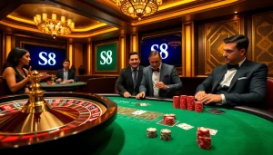 S8 logo featured prominently amidst an exciting casino scene with poker chips and a roulette wheel.