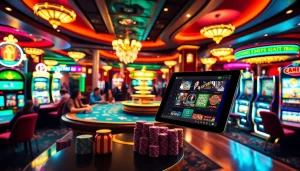 Experience the excitement of trang chủ U888 with vibrant casino elements featuring poker chips and slot machines.