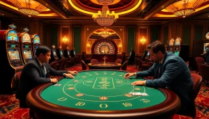 Players enjoying a thrilling poker game, embodying f168 love in a luxurious casino atmosphere.