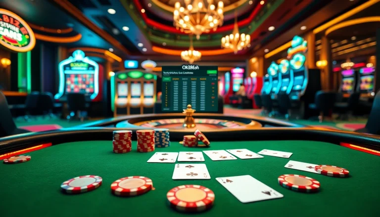 Engage in thrilling bets at https://ok8386.sh/ with a vibrant poker table, cards, and chips.