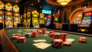 סצנת קזינו Stake המציגה משחקי פוקר וסלוט מרגשים בצבעים חיים.