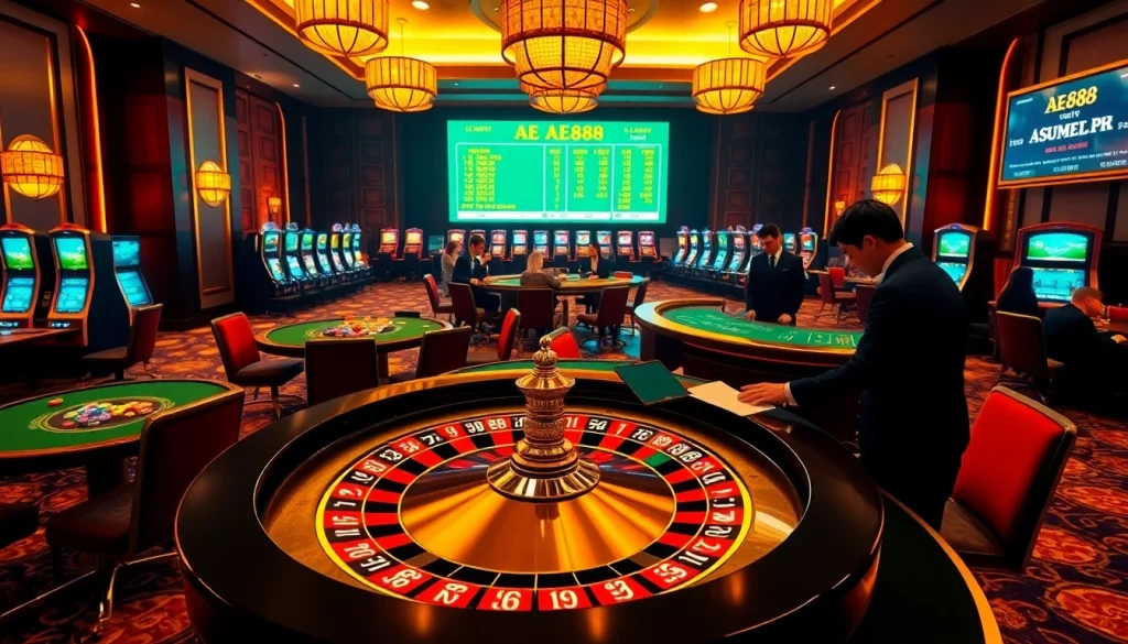 Players enjoying thrilling casino games at AE888, featuring a roulette wheel and vibrant chips.