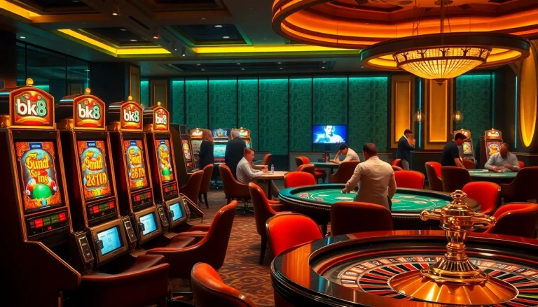 Engaging gamblers at an upscale bk8 สล็อต casino with glamorous slot machines and vibrant poker tables.