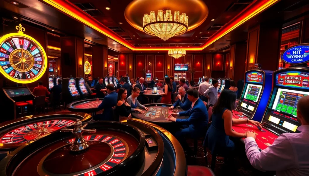 Players enjoying an exciting night at the Hit club casino with colorful slots and vibrant atmosphere.