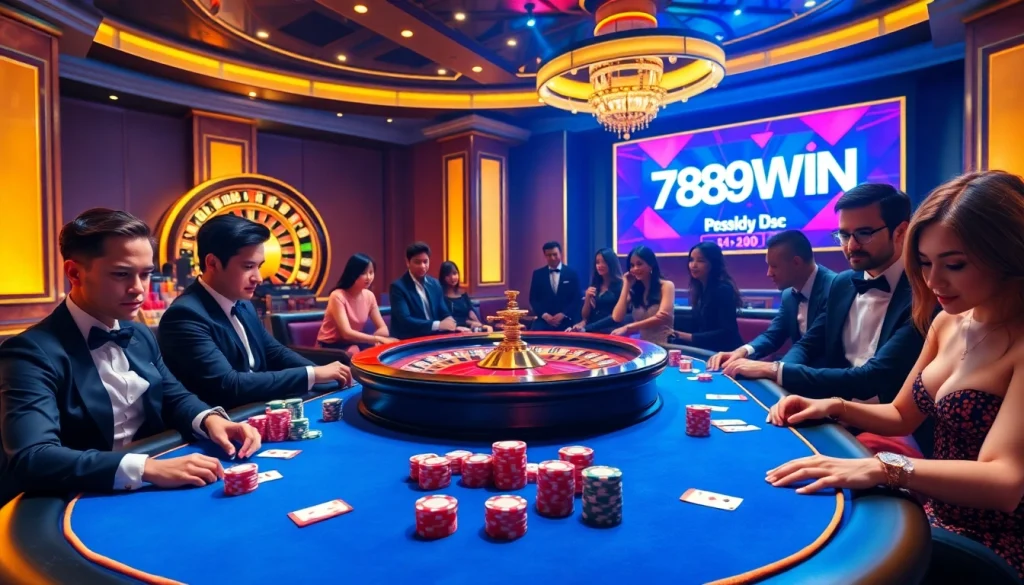 Experience the excitement of casino gaming with 789WIN featuring vibrant tables and poker chips.