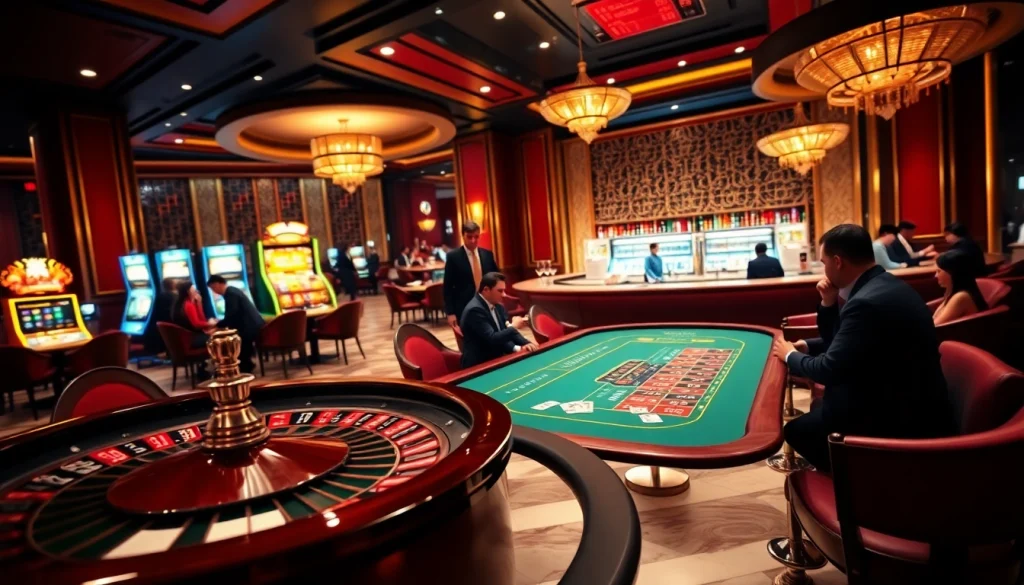 Gopay88 players engaging in intense poker action at a vibrant casino table, surrounded by slot machines.