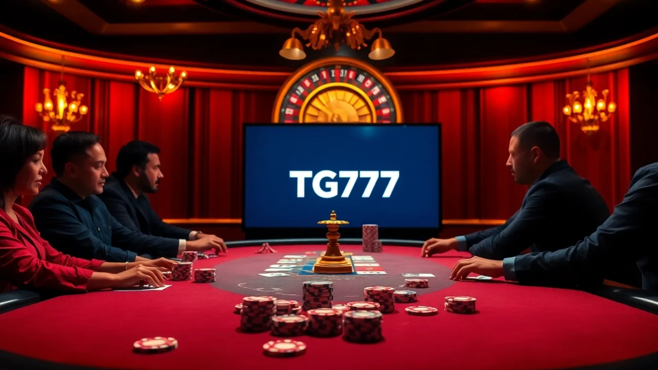 Experience the excitement at TG777 link with players at a luxurious poker table surrounded by vibrant casino elements.