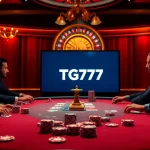 Experience the excitement at TG777 link with players at a luxurious poker table surrounded by vibrant casino elements.