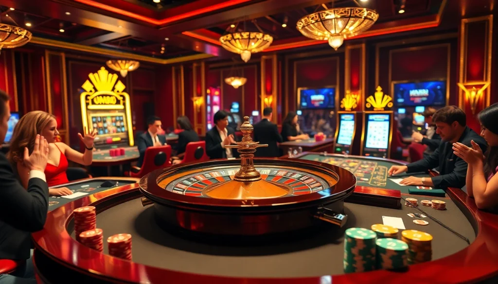 Enjoying a dynamic roulette game at jun88 com casino, surrounded by vibrant poker tables and excited players.