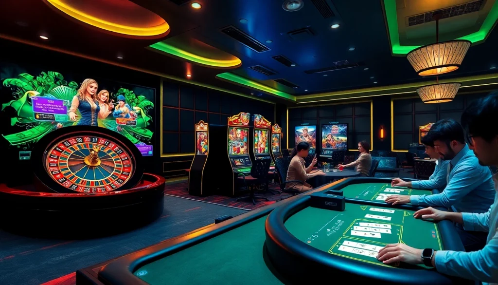 Experience thrilling gambling action with e2betvip, showcasing a vibrant casino atmosphere featuring roulette and poker tables.