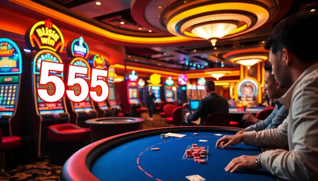 Players experiencing thrilling moments at the 555win casino, showcasing vibrant tables and excitement