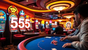 Players experiencing thrilling moments at the 555win casino, showcasing vibrant tables and excitement
