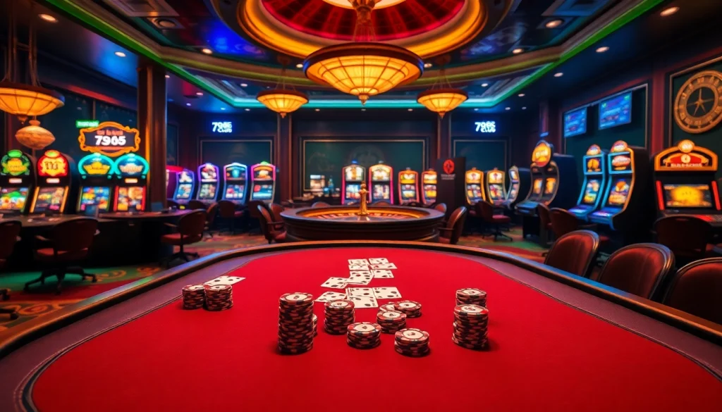 Engage in thrilling gameplay at 789CLUB with vibrant casino tables and roulette wheels.