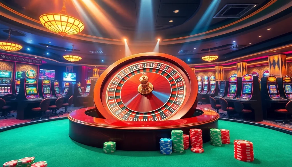 Experience the thrill of 01 king88 with vibrant casino scenes featuring roulette, poker, and slot machines.