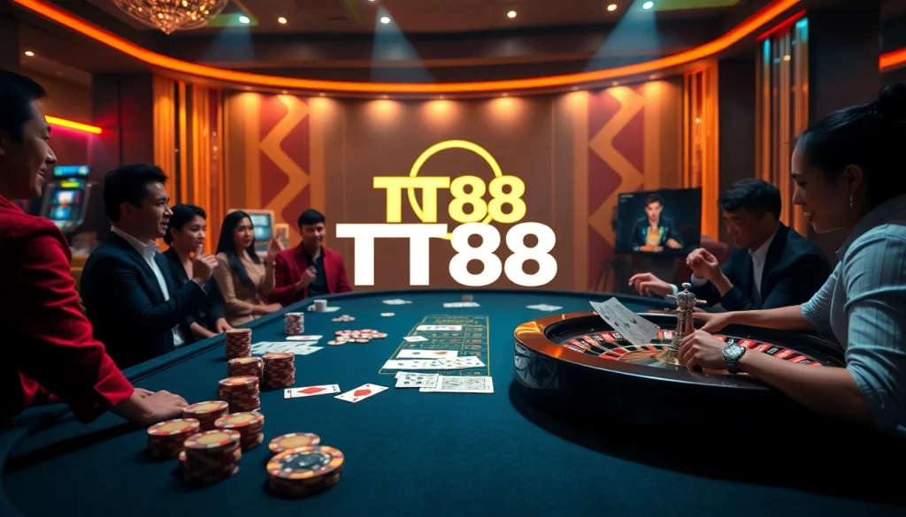 Engage with Nhà cái TT88 at a vibrant casino table with poker chips, cards, and roulette.
