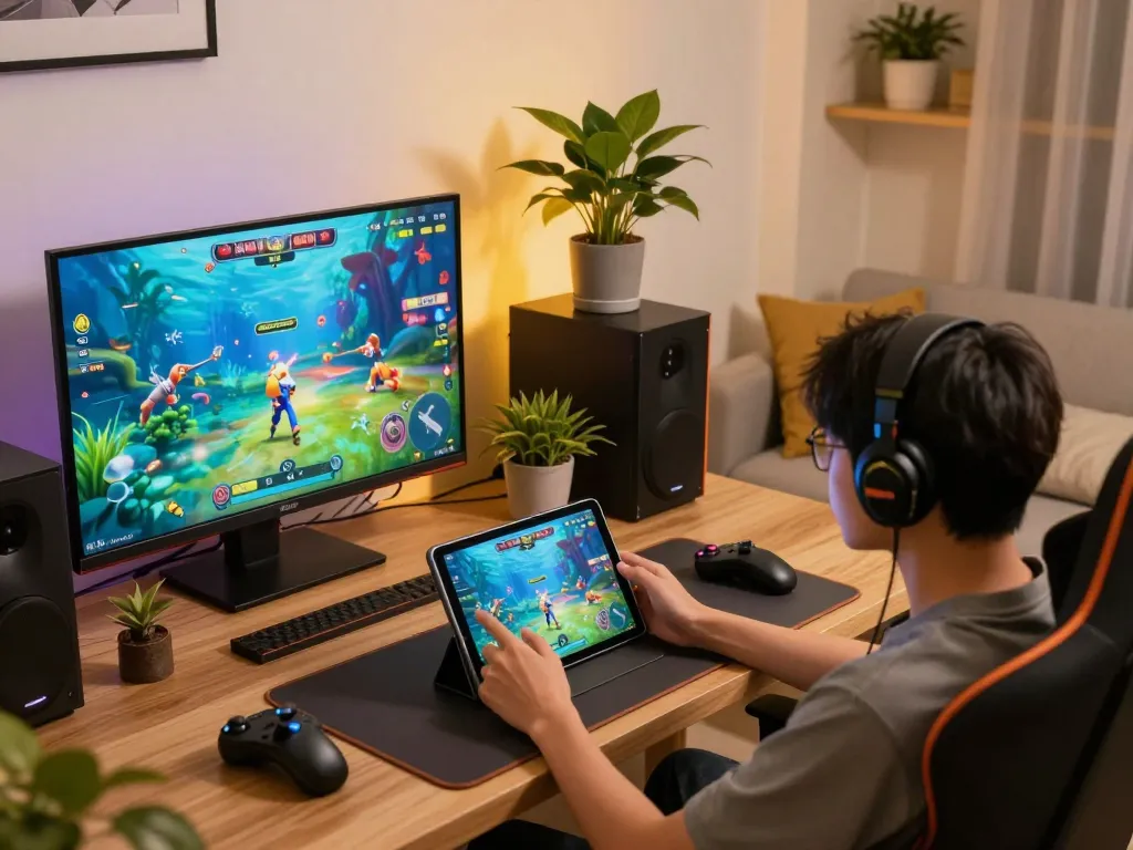 Bắn cá KO66 gameplay on tablet with vibrant graphics in a cozy home setting
