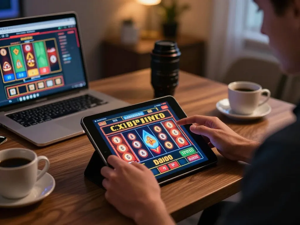 Memainkan slot gacor aman788 di tablet, menampilkan pengaturan kasino online yang dinamis di kantor rumah.